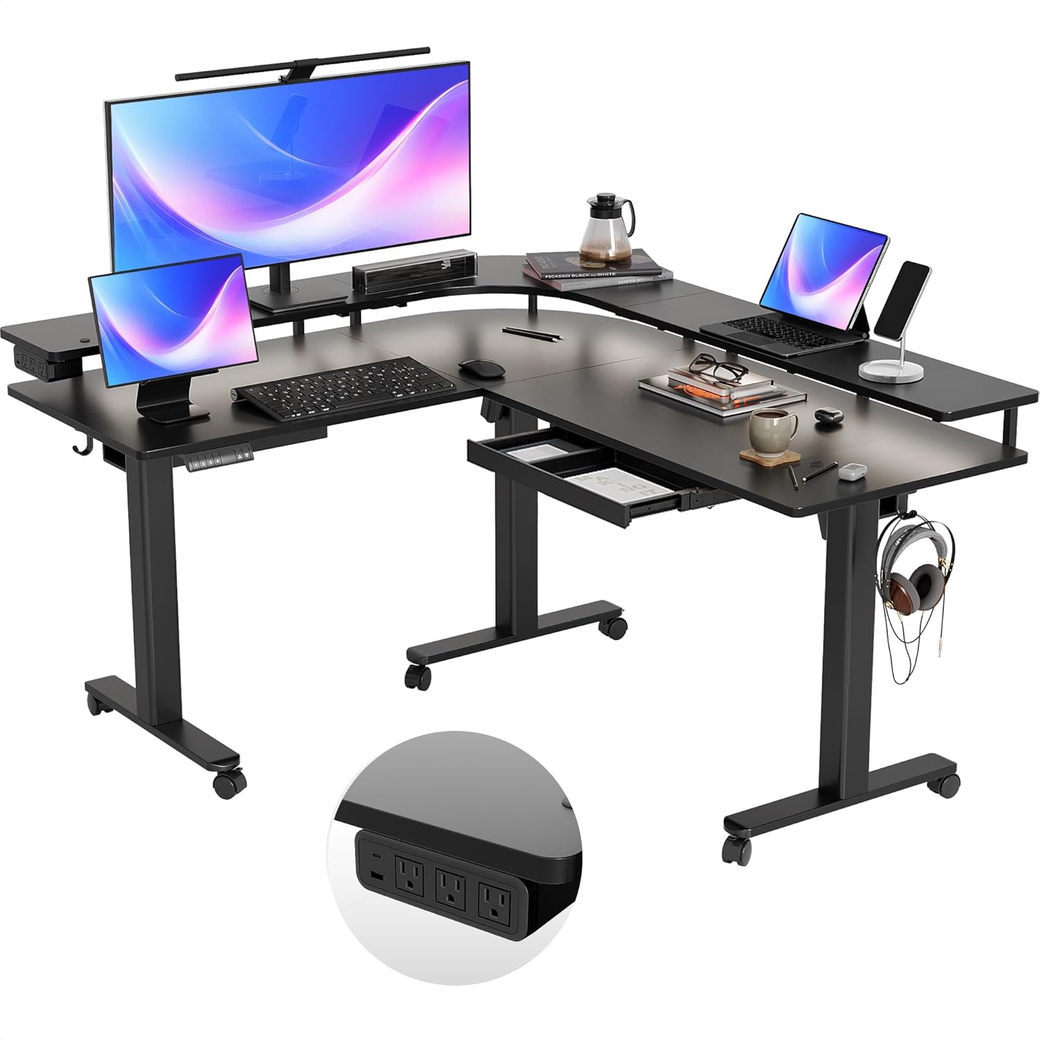 Height Adjustable L-Shaped Desk with LED Lights