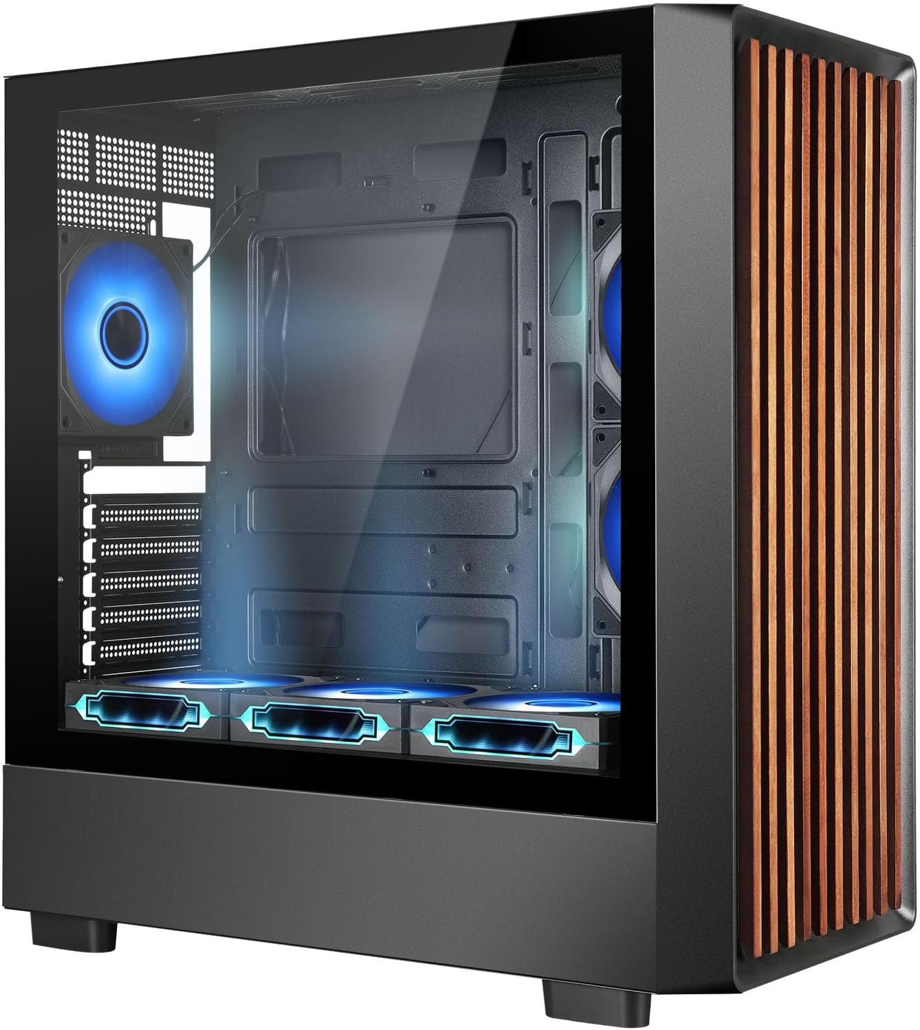 Mid Tower Gaming PC Case with Tempered Glass and Walnut Front