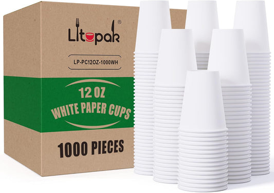 LITOPAK 1000 Pack 12 oz White Paper Cups - Perfect for Hot Beverages!
