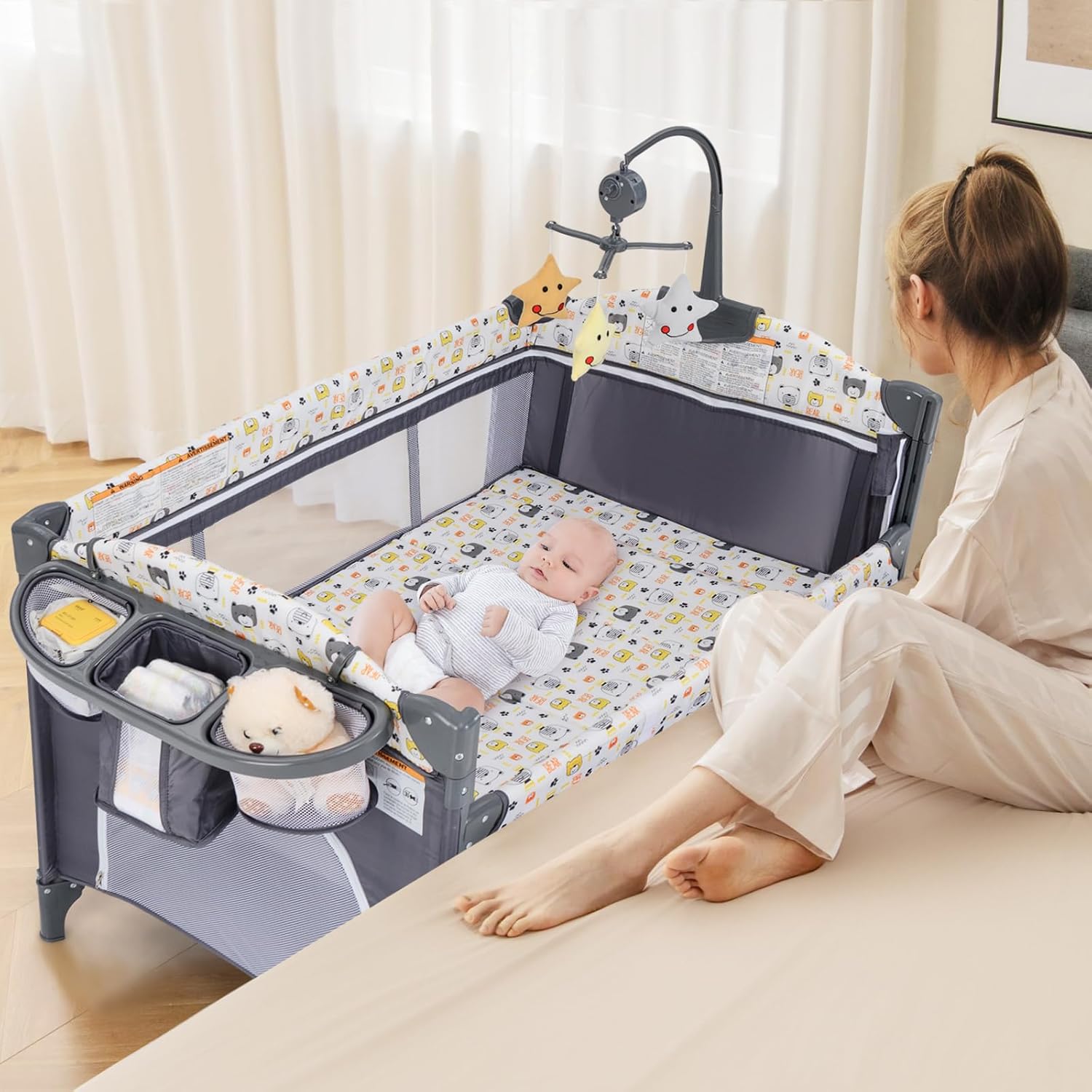 INFANS 5 in 1 Pack and Play Baby Bedside Sleeper with Bassinet