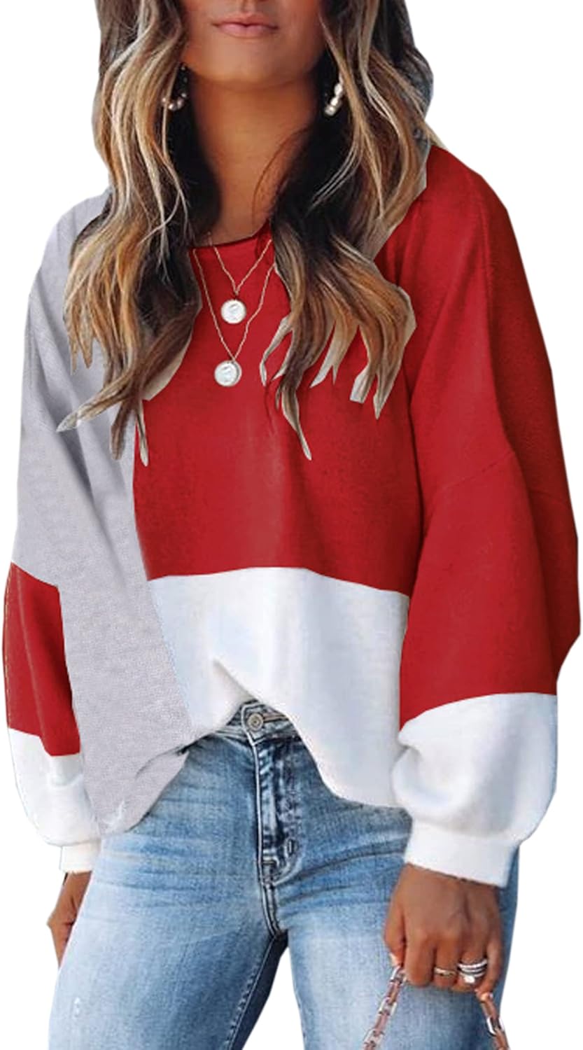 ECOWISH Women Sweater Long Sleeve Color Block Knit Pullover Tops