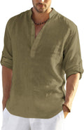 Men's Cotton Linen Henley T-Shirt Long Sleeve - Lightweight Breathable
