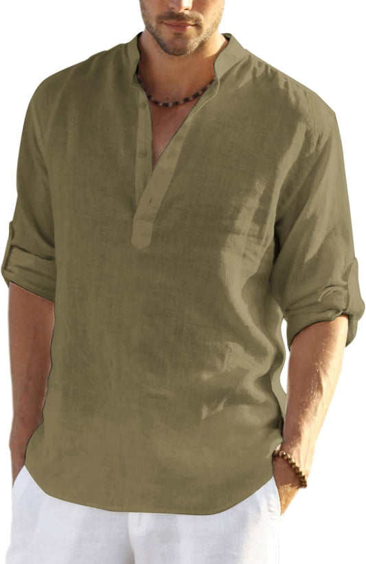 COOFANDY Men's Cotton Linen Henley T-Shirts for Casual Style