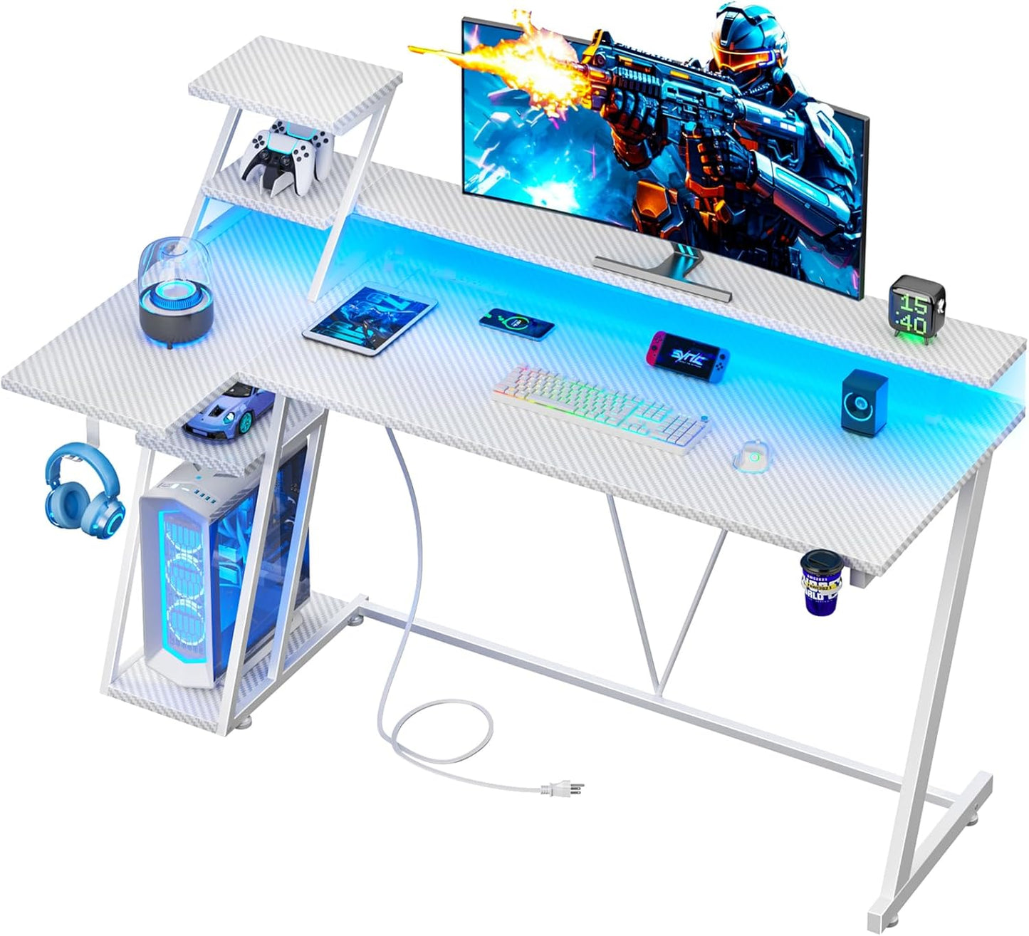 55 Inch White Gaming Desk with LED Lights & Power Outlet