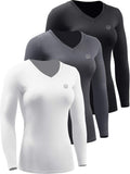 Women's 3 Pack Compression V-Neck Long Sleeve Shirts - Tight Fit
