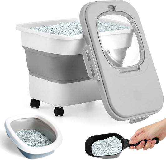 Collapsible Cat Litter Storage Bin with Airtight Lids and Wheels