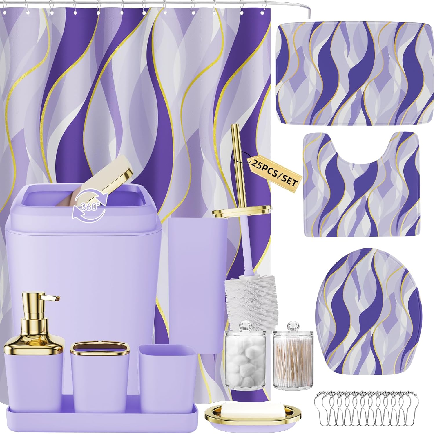Purple Bathroom Accessories Set with Shower Curtain and Rugs