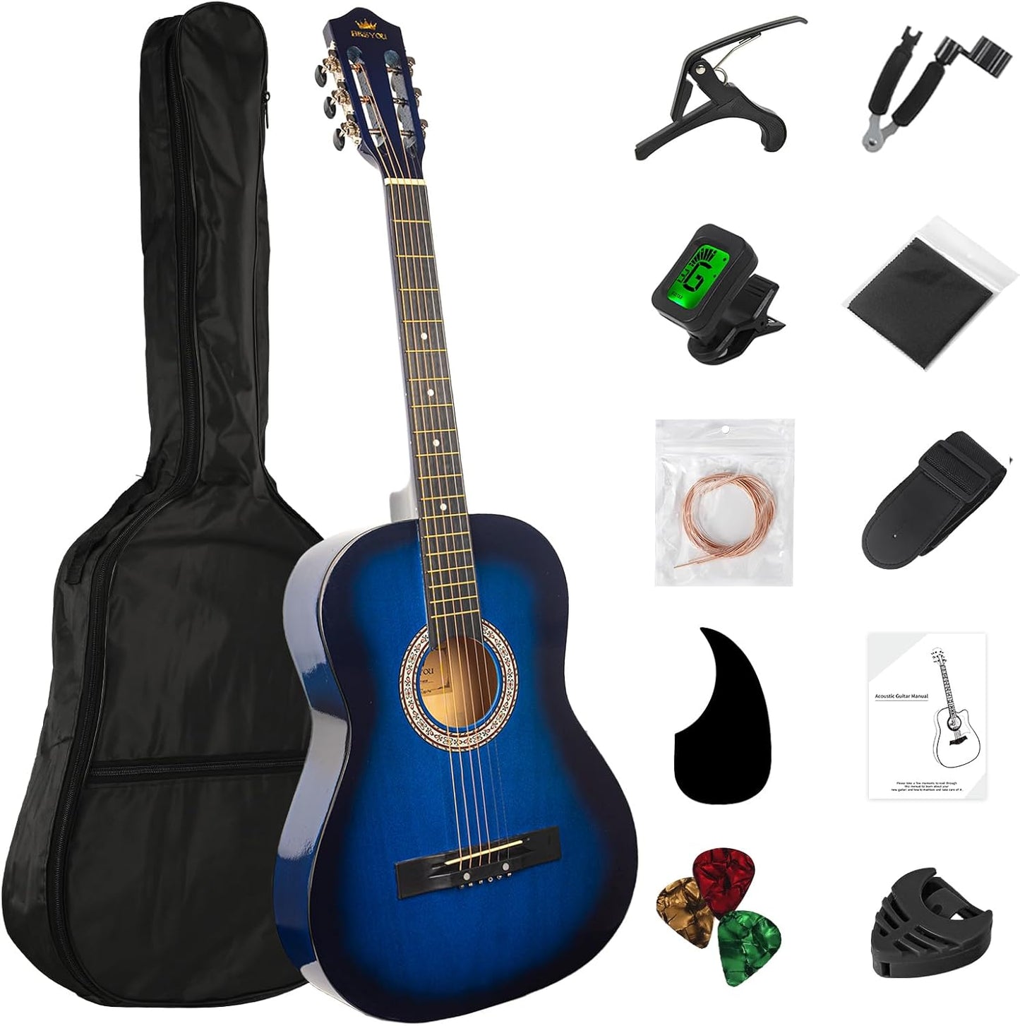 38in Beginner Acoustic Guitar Starter Kit for Students and Kids