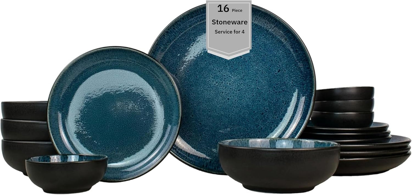 Sango 16-Piece Stoneware Dinnerware Set for 4 in Glossy Black & Blue