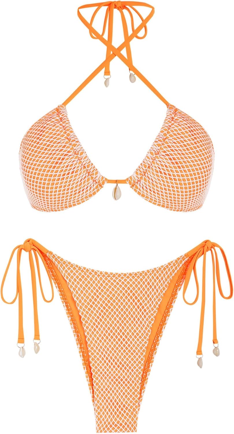 ZAFUL Women's Triangle Bikini Multiway Fishnet Tie Side Set