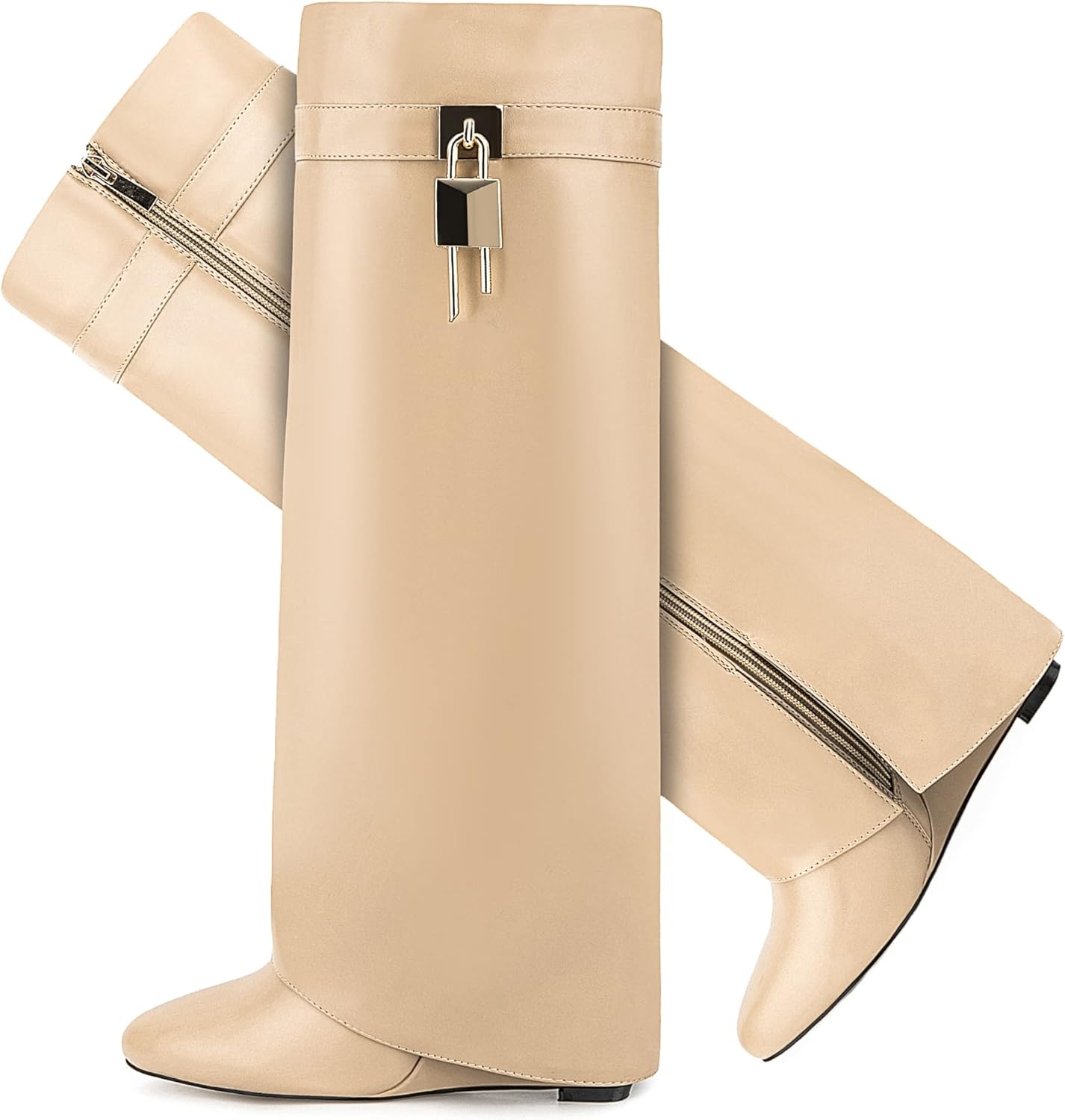 Fold Over Boots for Women with Pointy Pull-on Wedge Heel Design