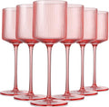 Pink Square Wine Glasses Set of 6 - Elegant Ribbed Stemware