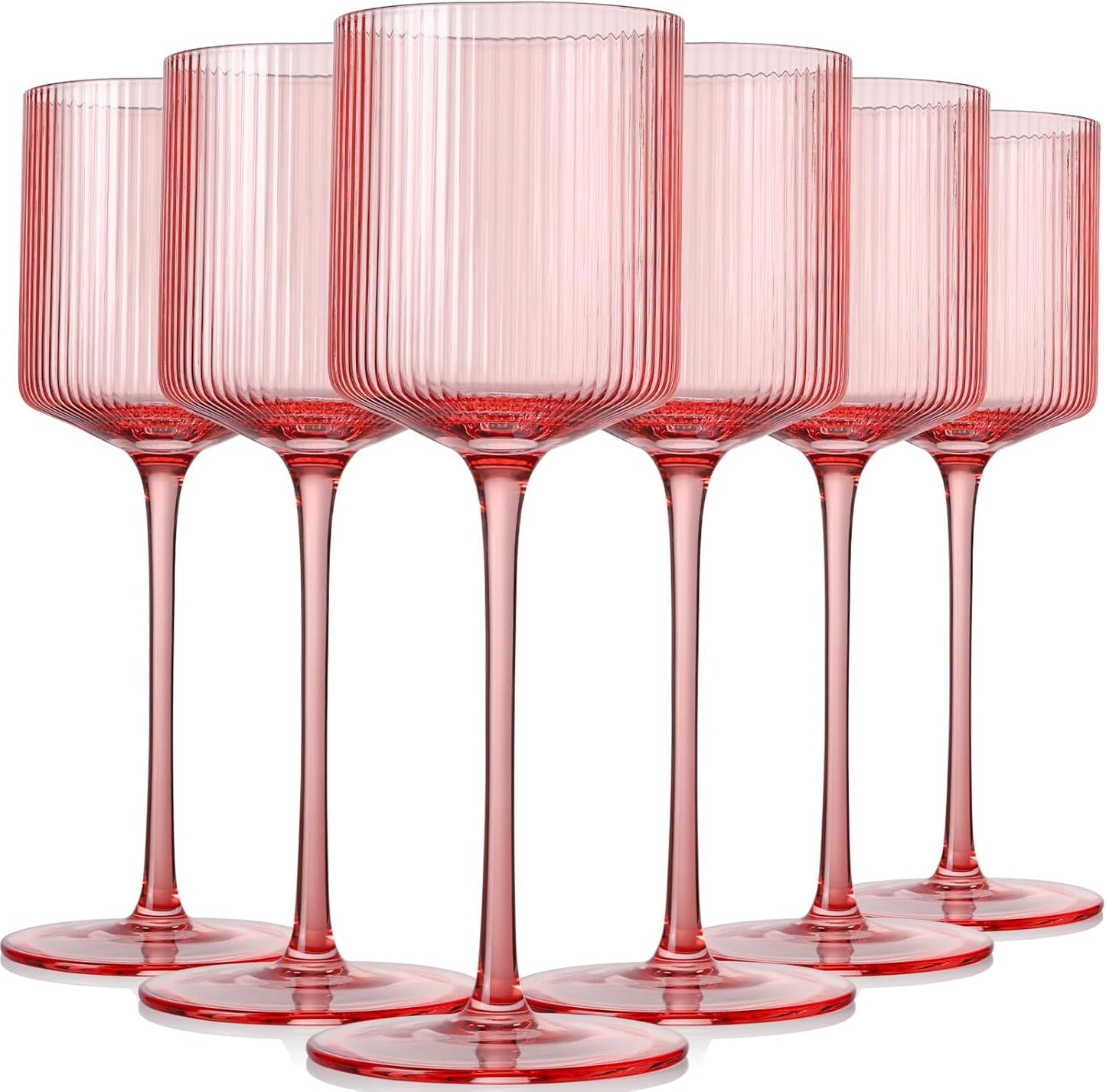 Elegant Ribbed Design Pink Square Wine Glasses Set of 6