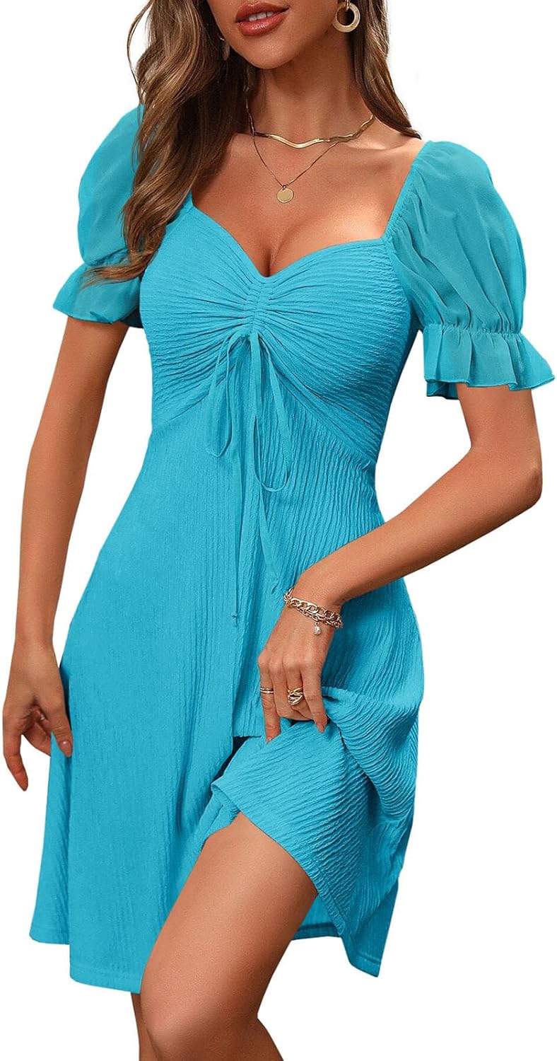 Wenrine Womens Short Puff Sleeve Mini Dresses for Summer Fun