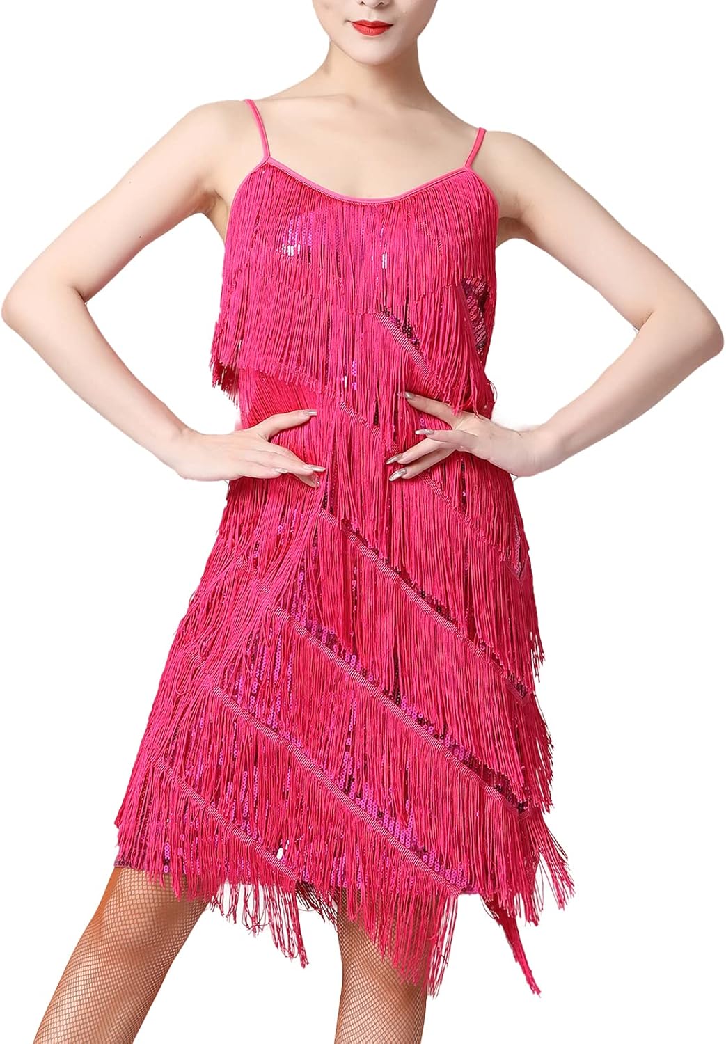 Women Salsa Latin Dance Dress with Sequin Tassel Fringe Style