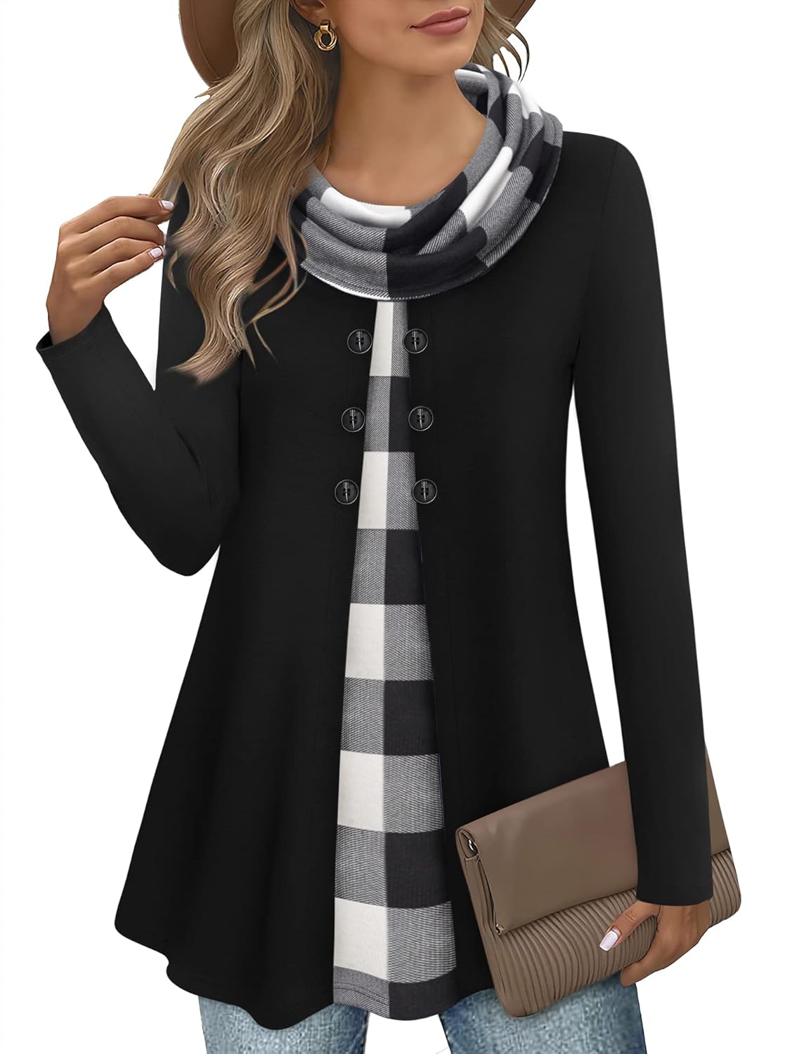 Bebonnie Womens Long Sleeve Cowl Neck Splicing Tunic Tops