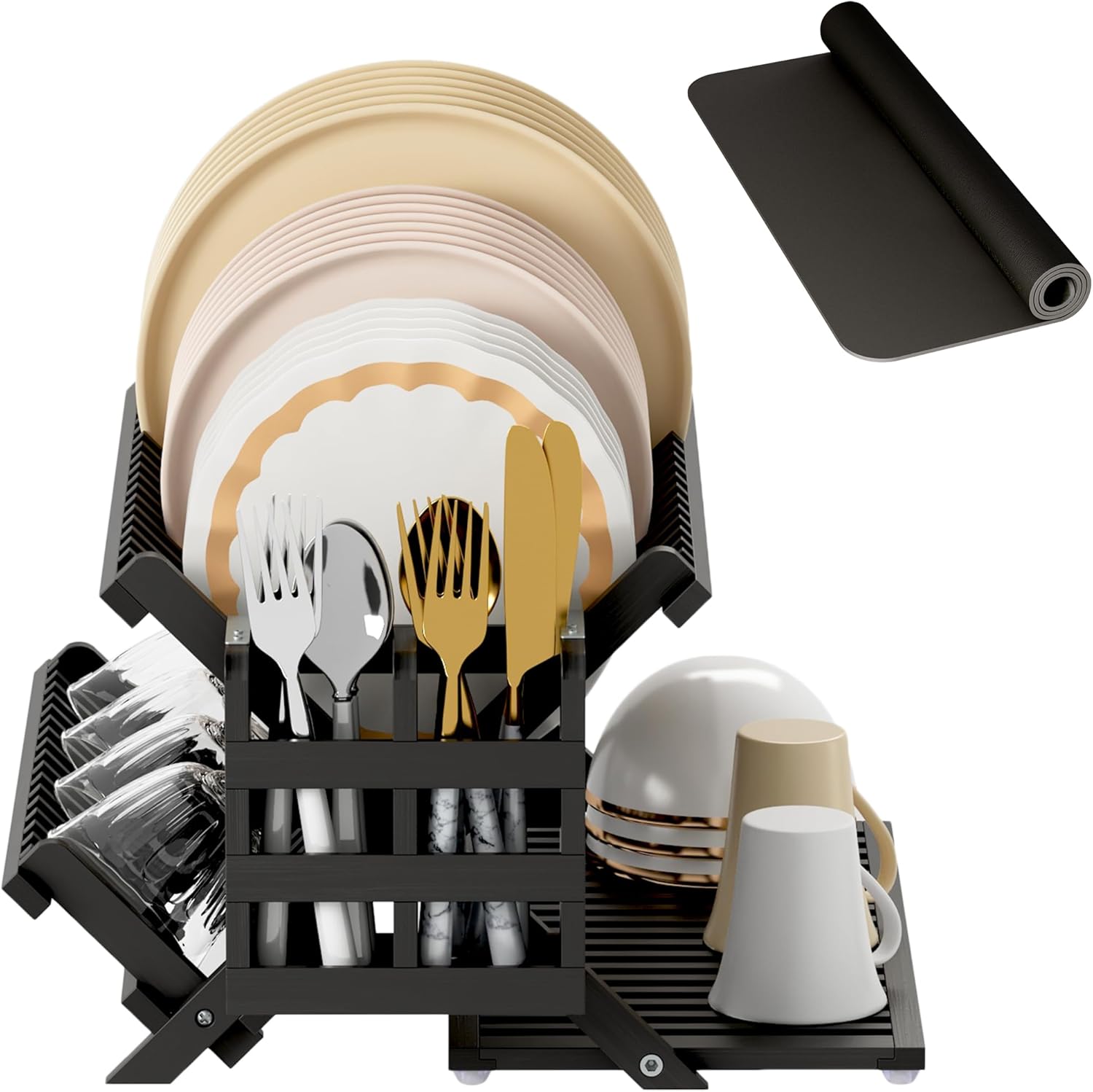 Greenual Black Bamboo Dish Drying Rack with Utensil Holder