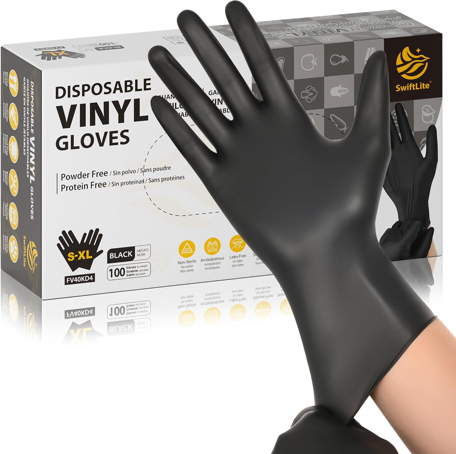SWIFTLITE Black Vinyl Gloves - Latex Free, Food Grade