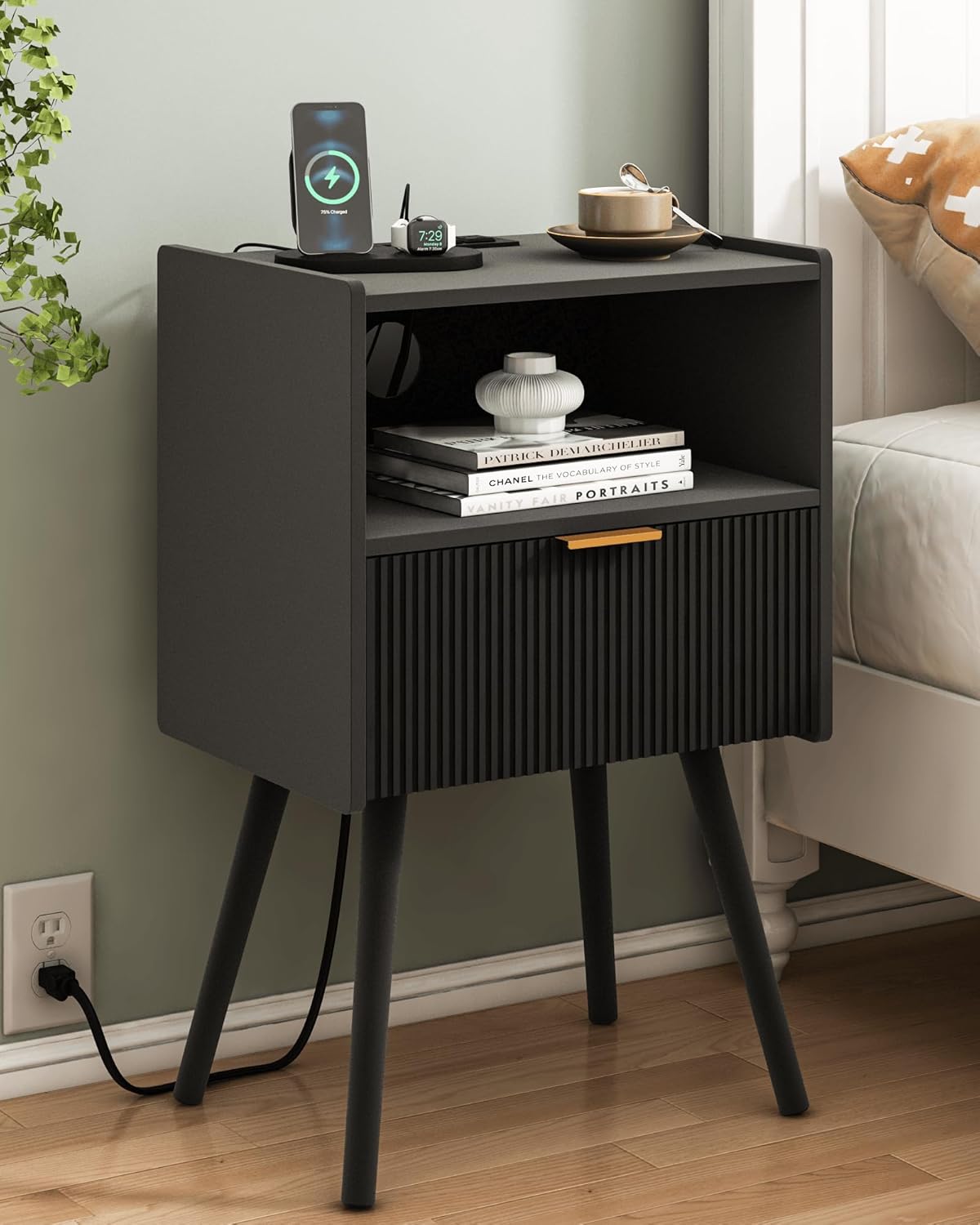 Modern Black Nightstand with Outlet and Storage for Small Spaces