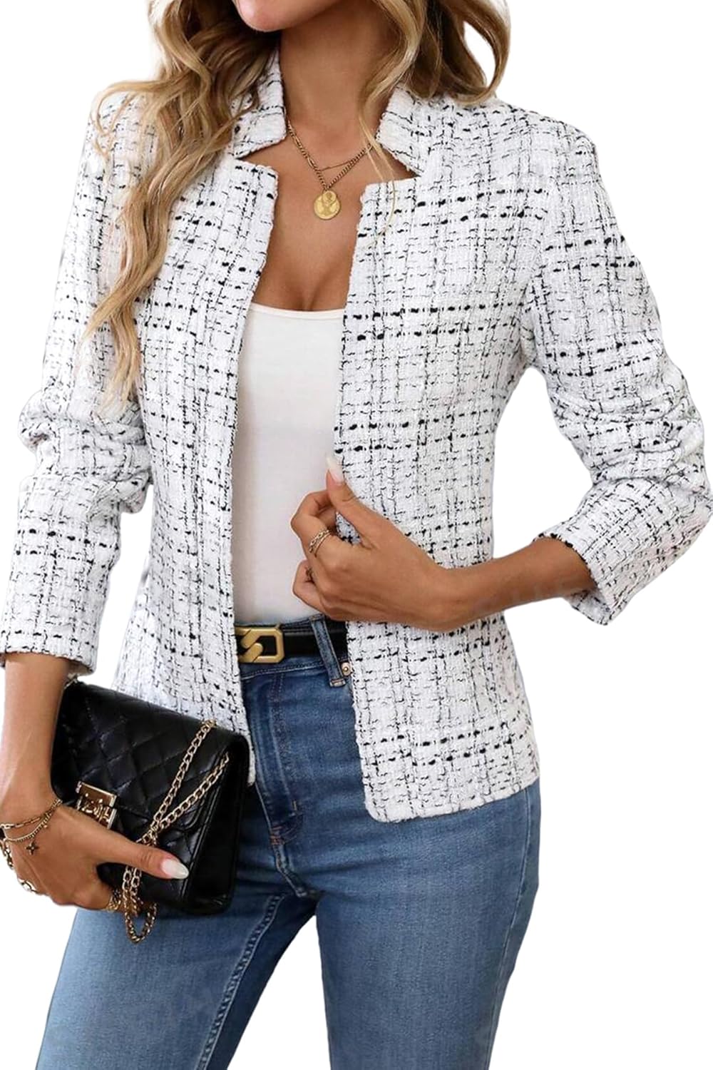 ELLEVEN Womens' Tweed Blazer Long Sleeve Jacket for Work