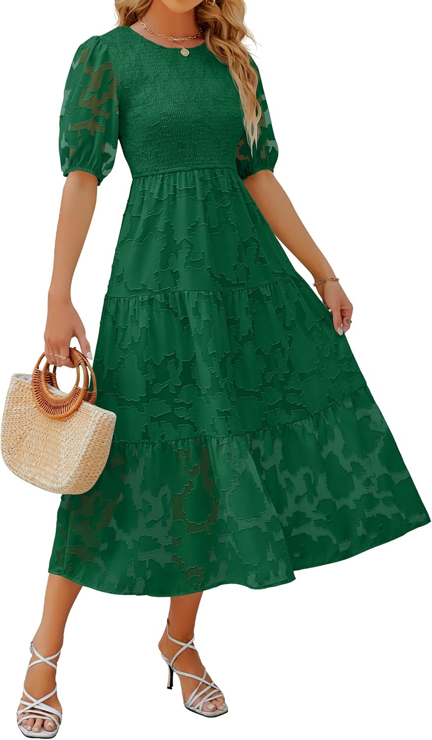 ZESICA Women's Floral Lace Puff Sleeve Maxi Dress for Summer