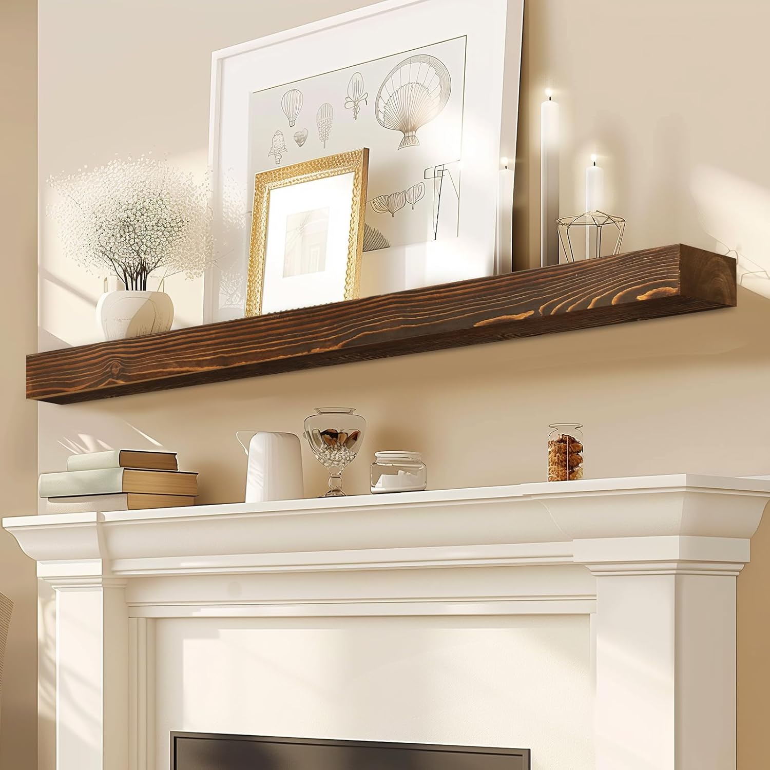 60x8x3 Fireplace Mantel - Solid Rustic Wood Floating Shelf