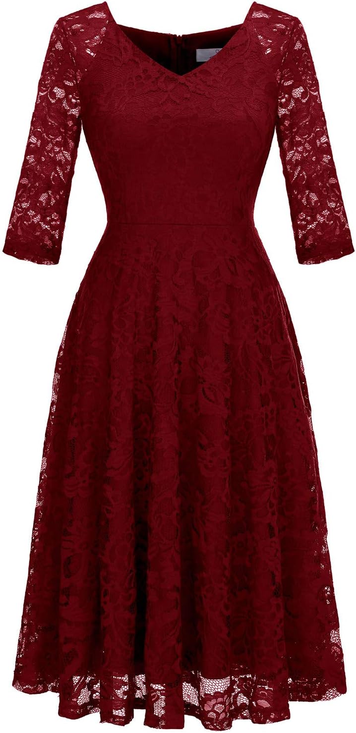 Dressystar Womens Long-Sleeve Lace A-Line Wedding Guest Dress