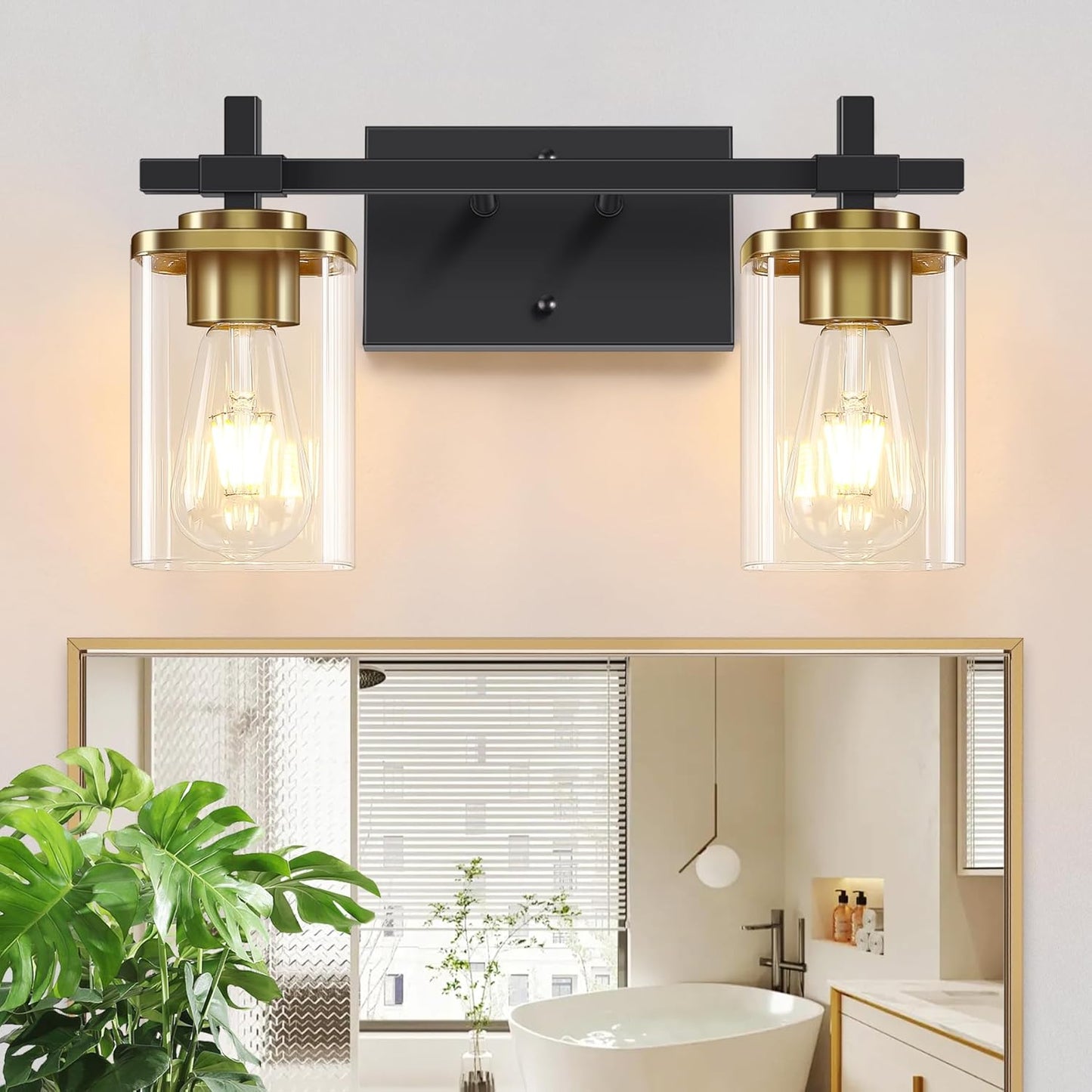 Elegant Black and Gold Bathroom Light with Square Glass Shade