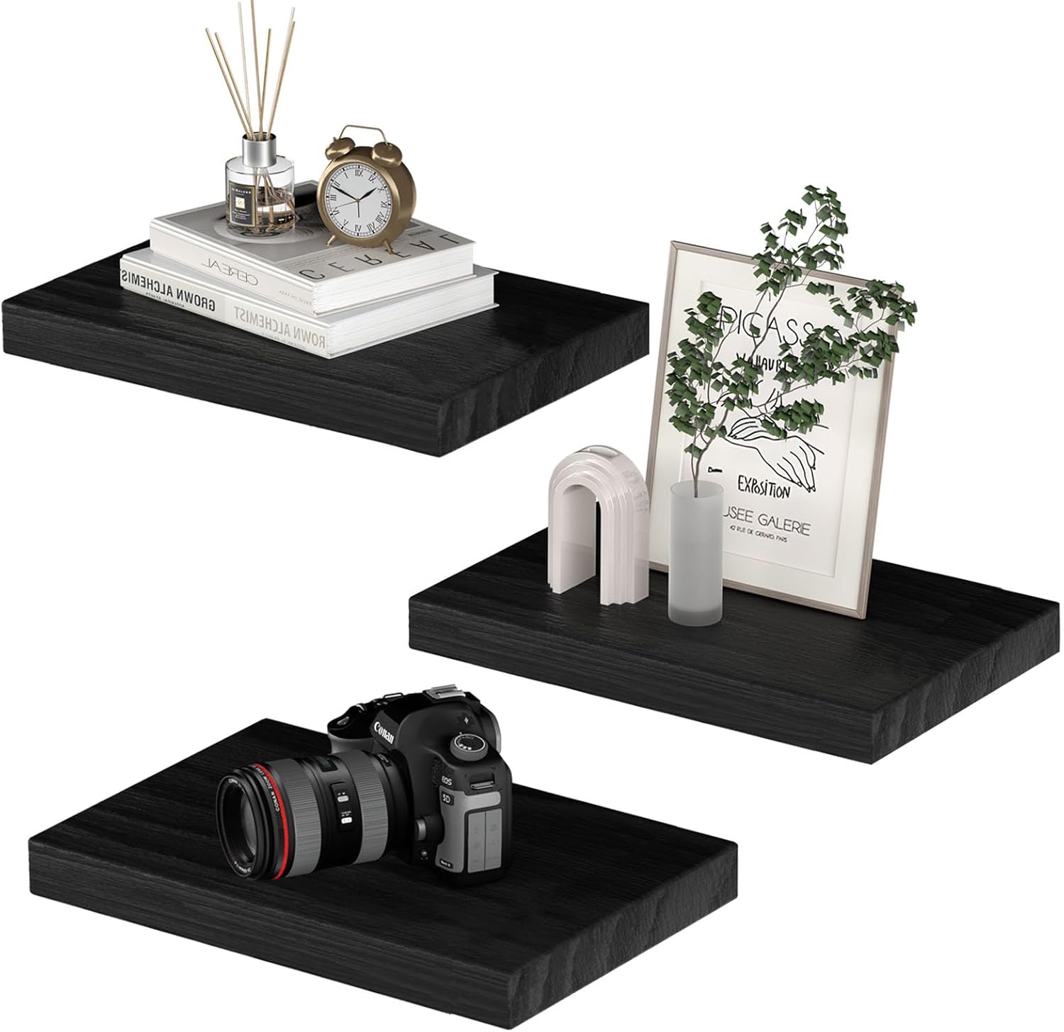 Small Floating Shelves for Wall - Set of 3 Black Shelves