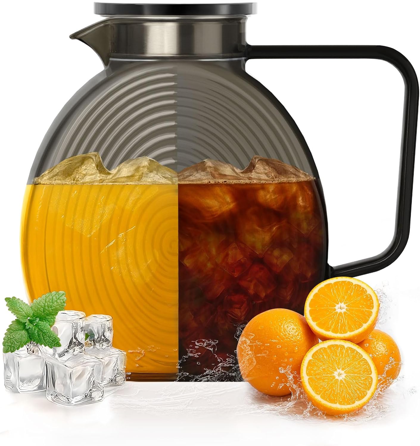 Glass Pitcher With Lid for Hot and Cold Beverages, 2.3 Liter