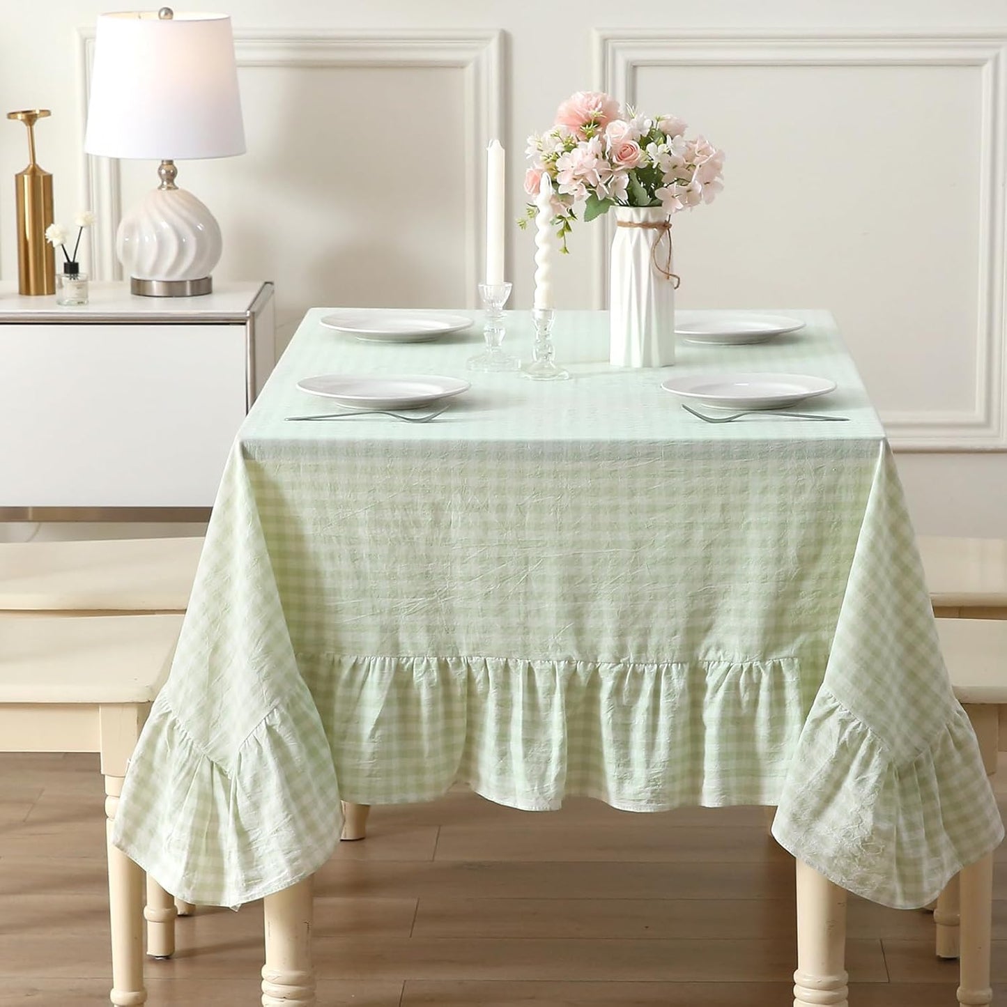Pile Green White Plaid Ruffled Table Cloth for 8-10 Seats