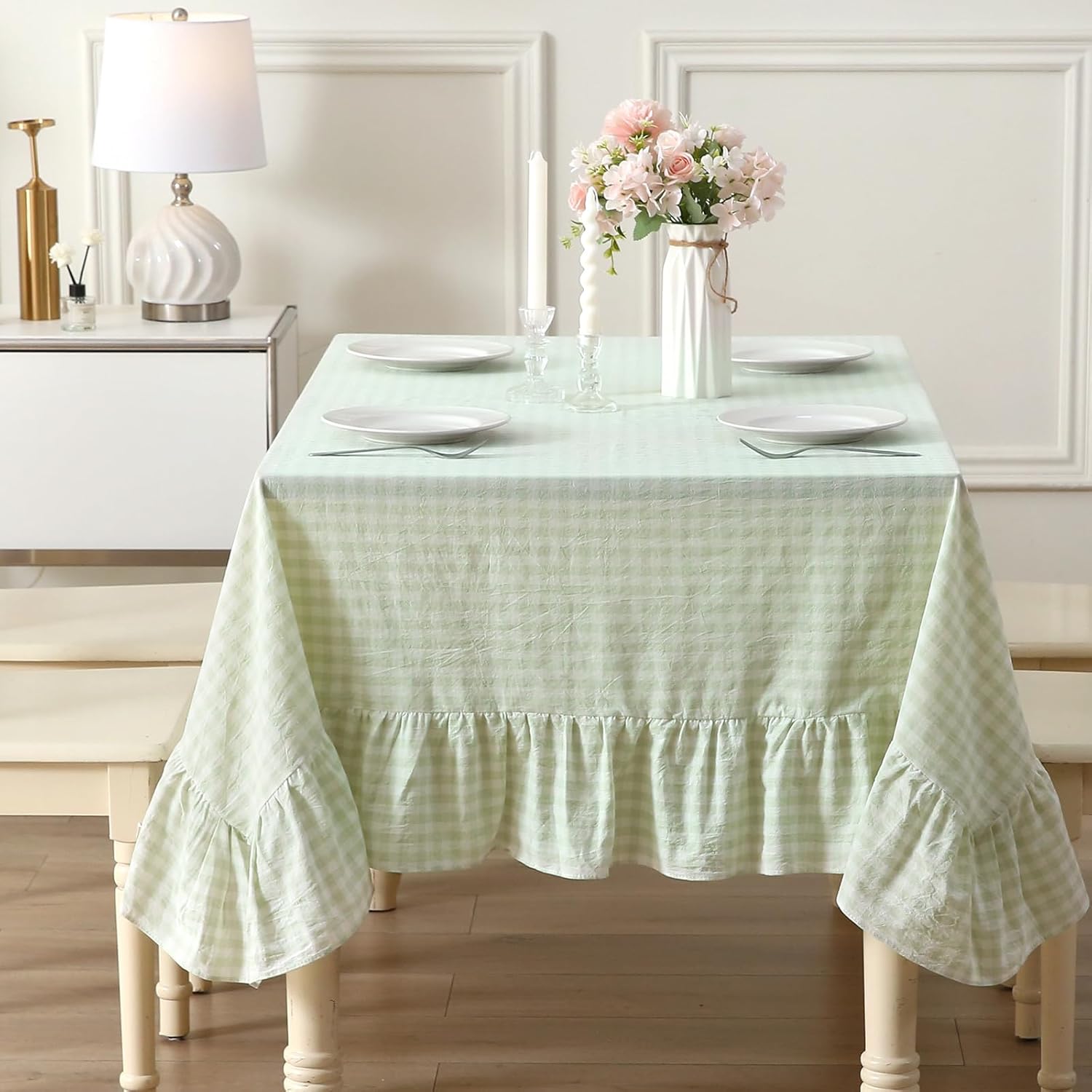 Pile Green White Plaid Ruffled Table Cloth for 8-10 Seats