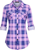DJT Womens Soft Stretchy Knit Plaid Shirt - Comfortable Roll-Up Sleeve