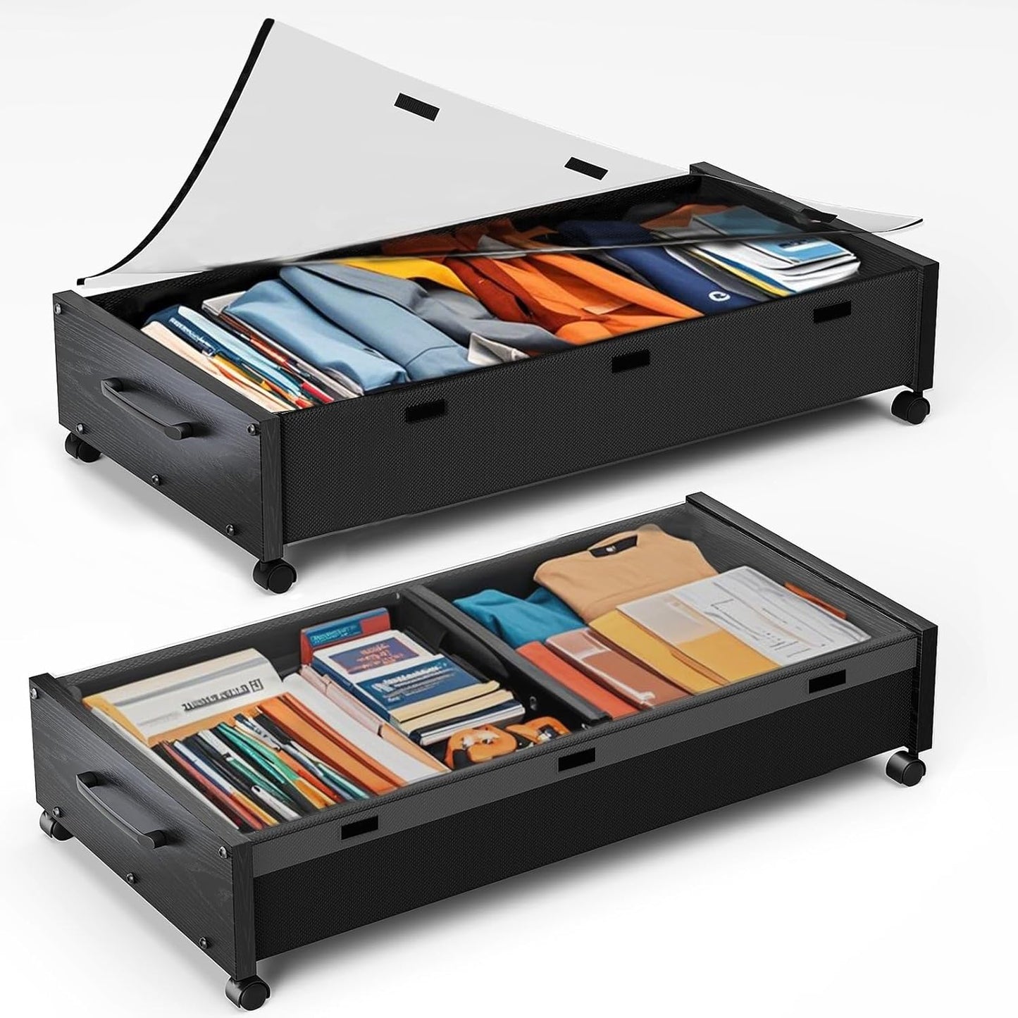 Wooden Under Bed Storage with Wheels for Clothes and Shoes
