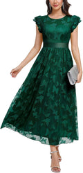 Women's Casual Tulle Midi Dress Ruffle Sleeve Crewneck Lace - Flowy (