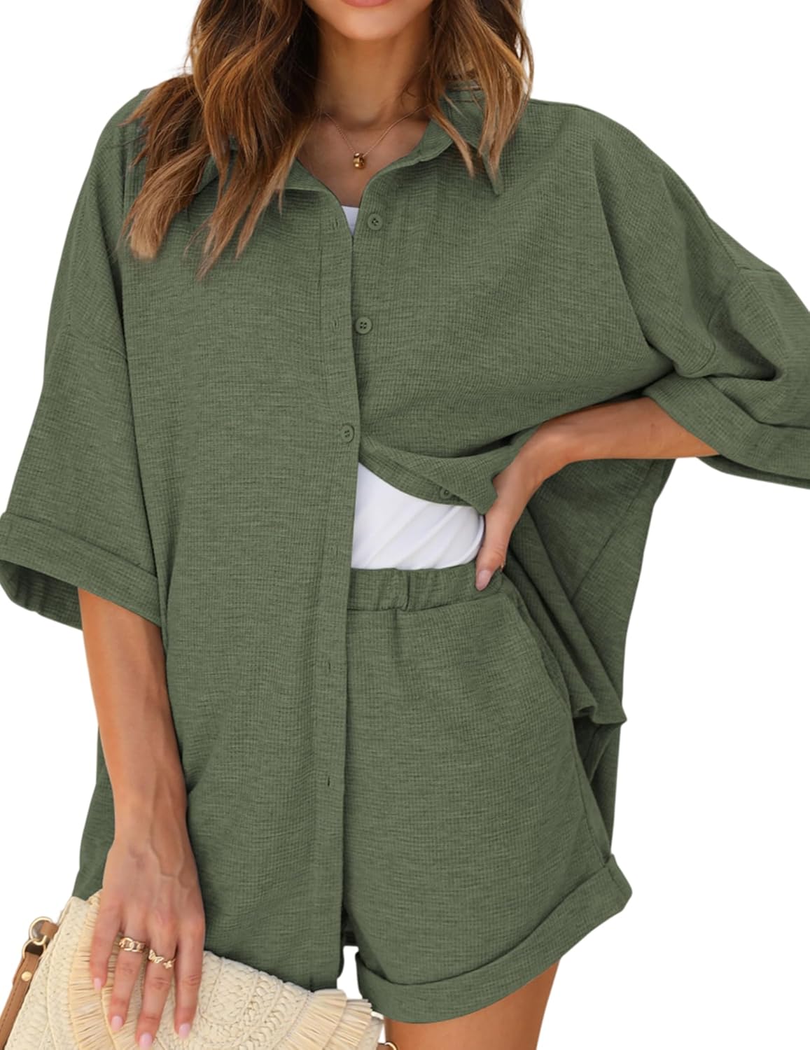 Ekouaer Waffle Knit Lounge Sets for Women - Cozy Pajama Set