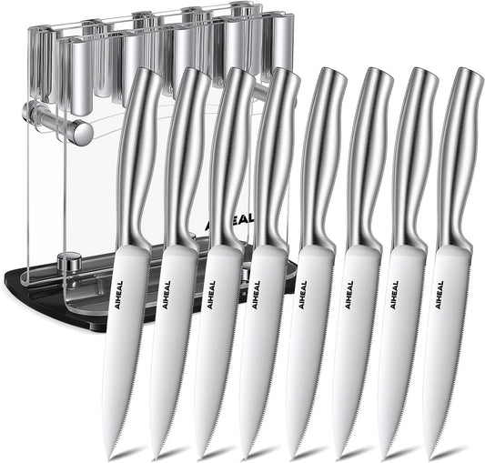 Aiheal Steak Knives Set of 8 with Acrylic Stand for Easy Storage