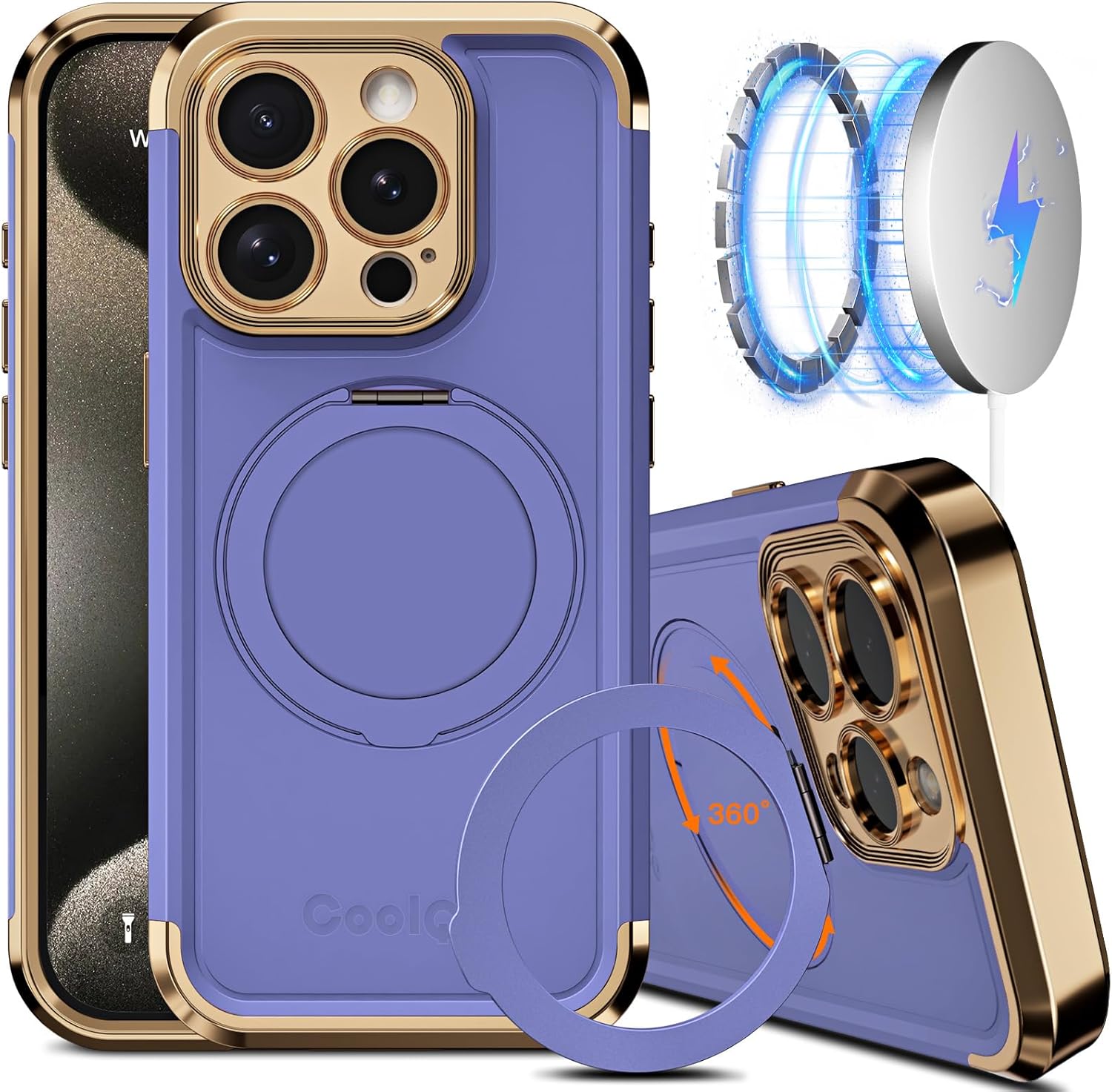 COOLQO iPhone 15 Pro Max Case with 360 Spin Magnetic Stand