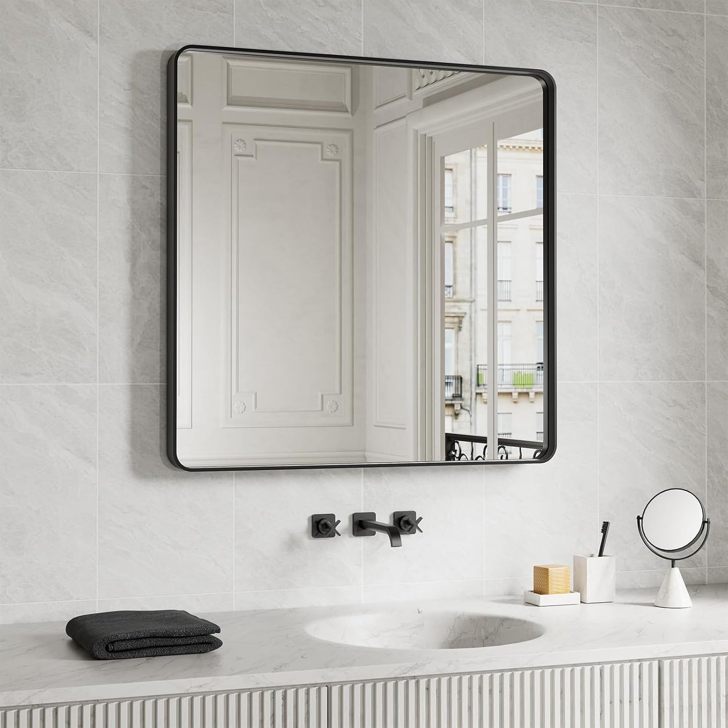 Black Bathroom Mirror 38X38 Inch with Elegant Metal Frame