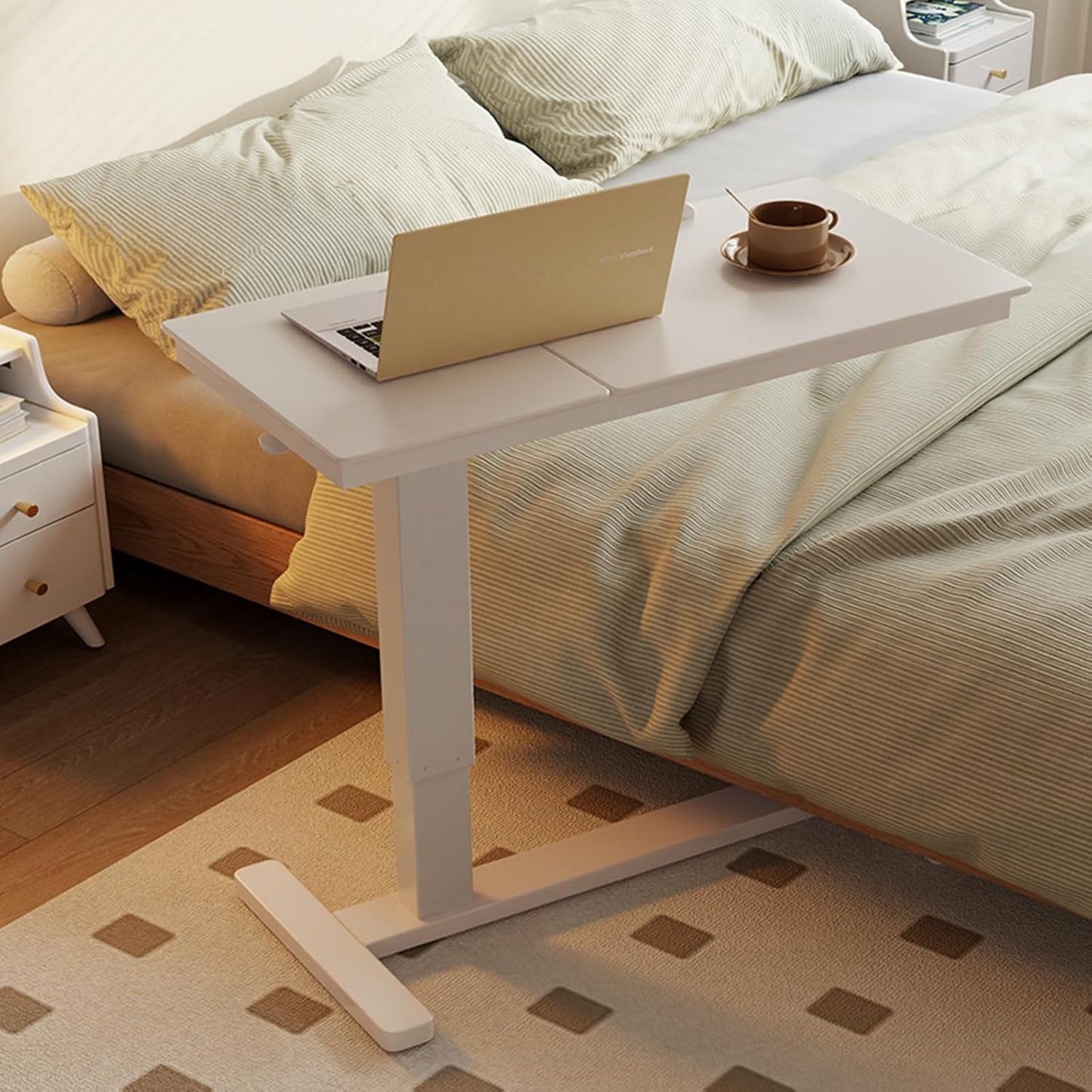 Solid Wood Overbed Bedside Table with Wheels for Home Use
