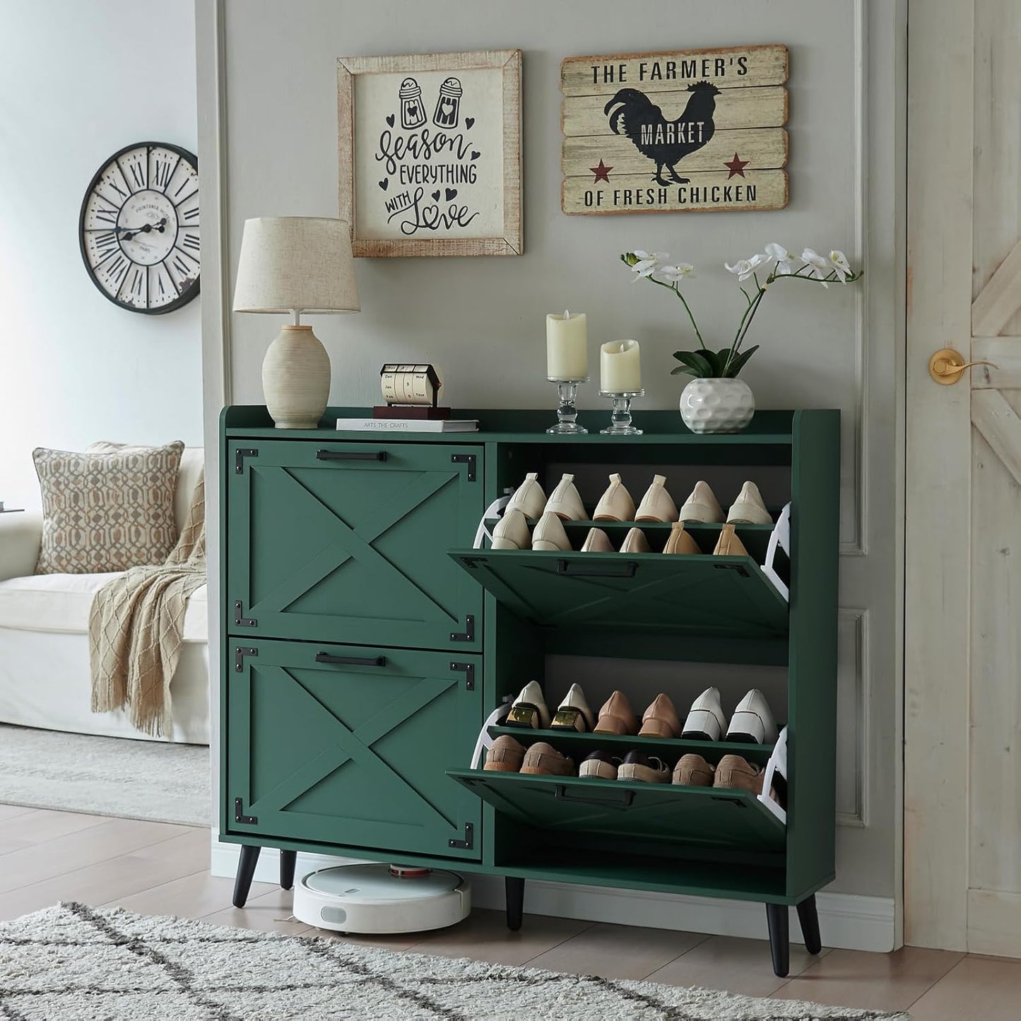 Farmhouse Shoe Storage Cabinet with 4 Flip Drawers for Entryway