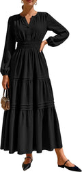 Women's Elegant Maxi Dress Long Sleeve V Neck - Flowy Pockets