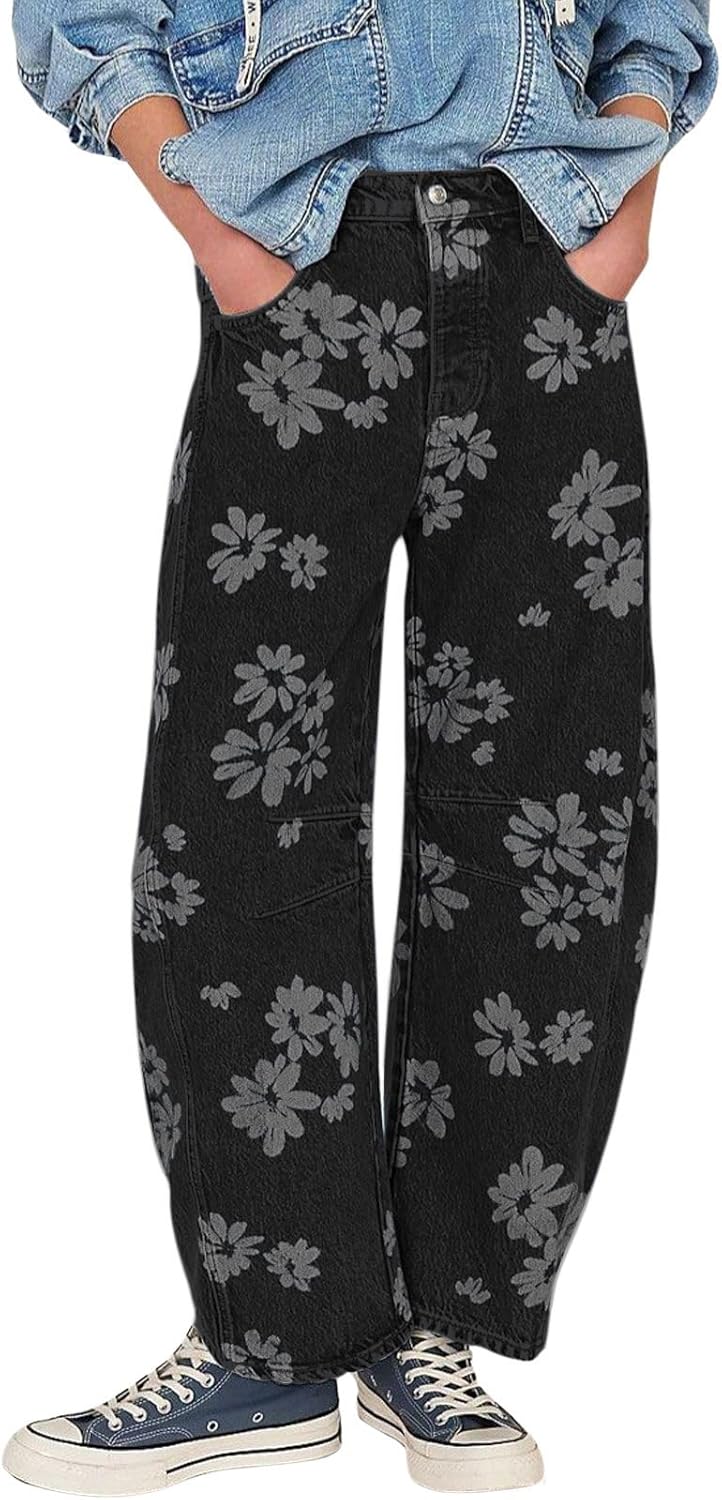 Y2k Distressed Barrel Jeans for Women - Floral Printed Baggy Style