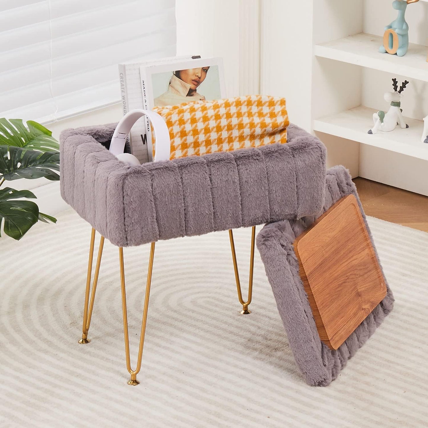 Faux Mink Fur Storage Ottoman for Modern Living Spaces