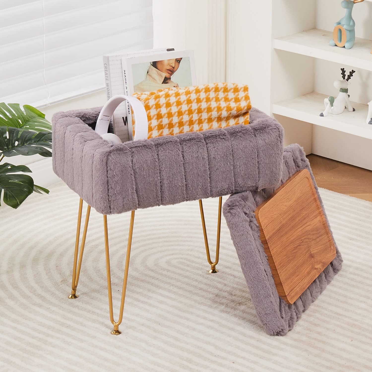Faux Mink Fur Storage Ottoman for Modern Living Spaces