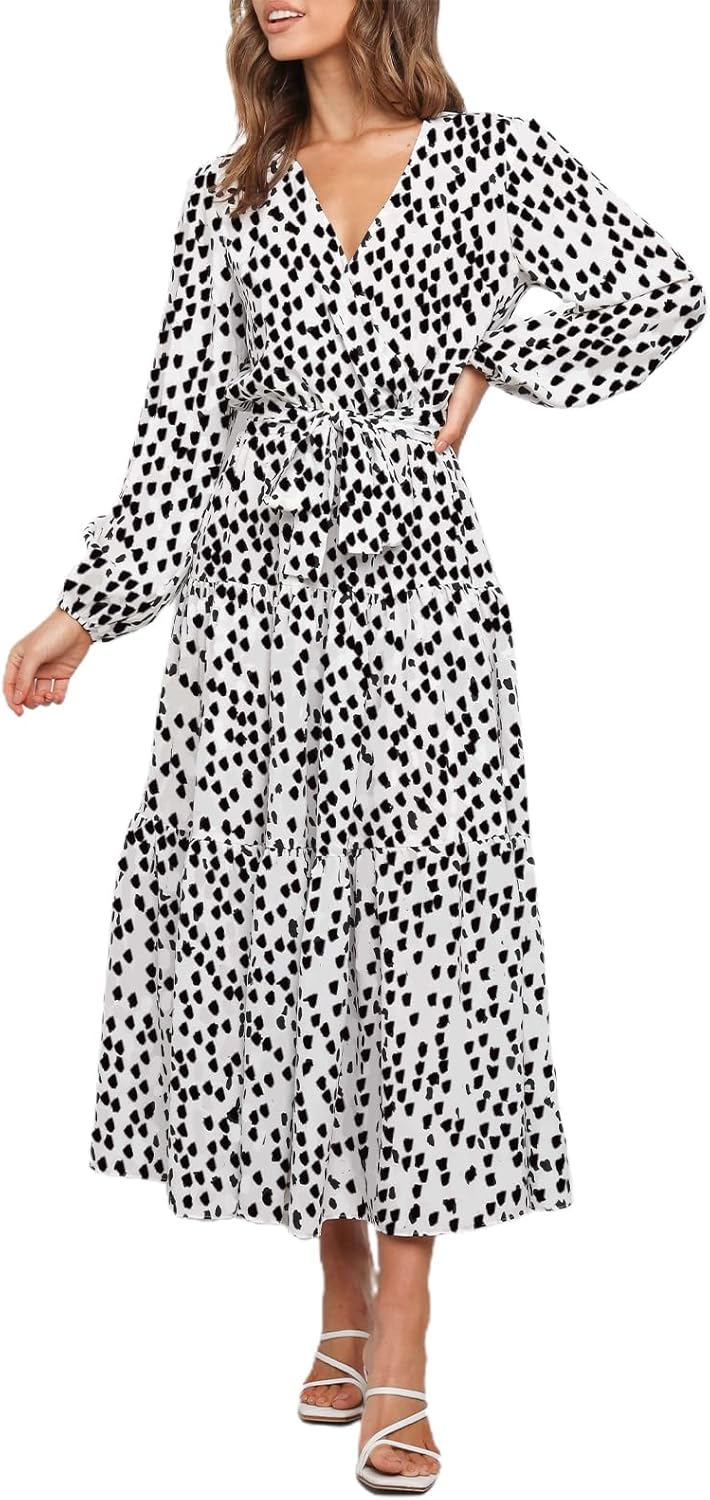 PRETTYGARDEN Womens Long Sleeve Wrap V Neck Ruffle Maxi Dress