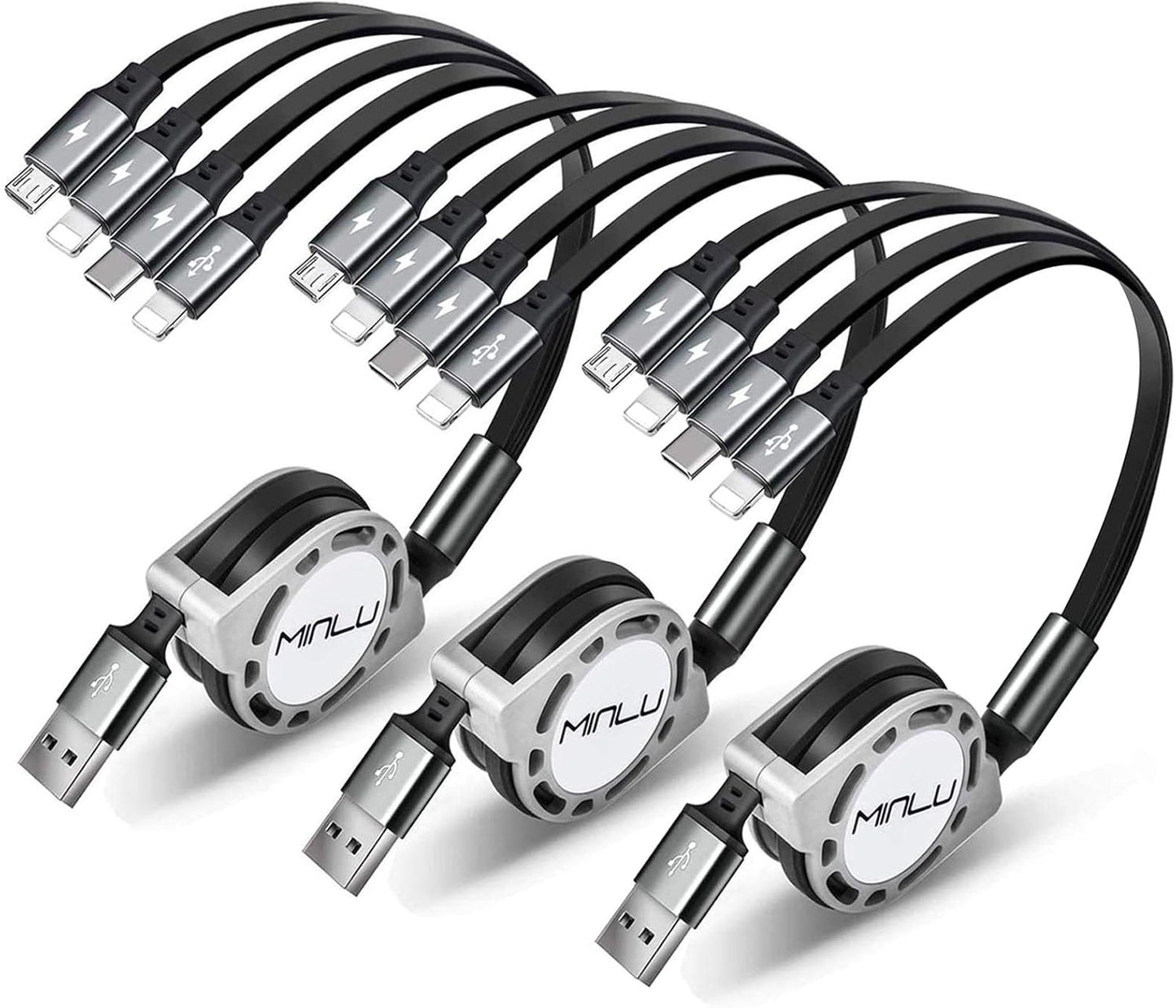 MINLU Retractable 4A Fast Charger - 4-in-1 - 3Pack