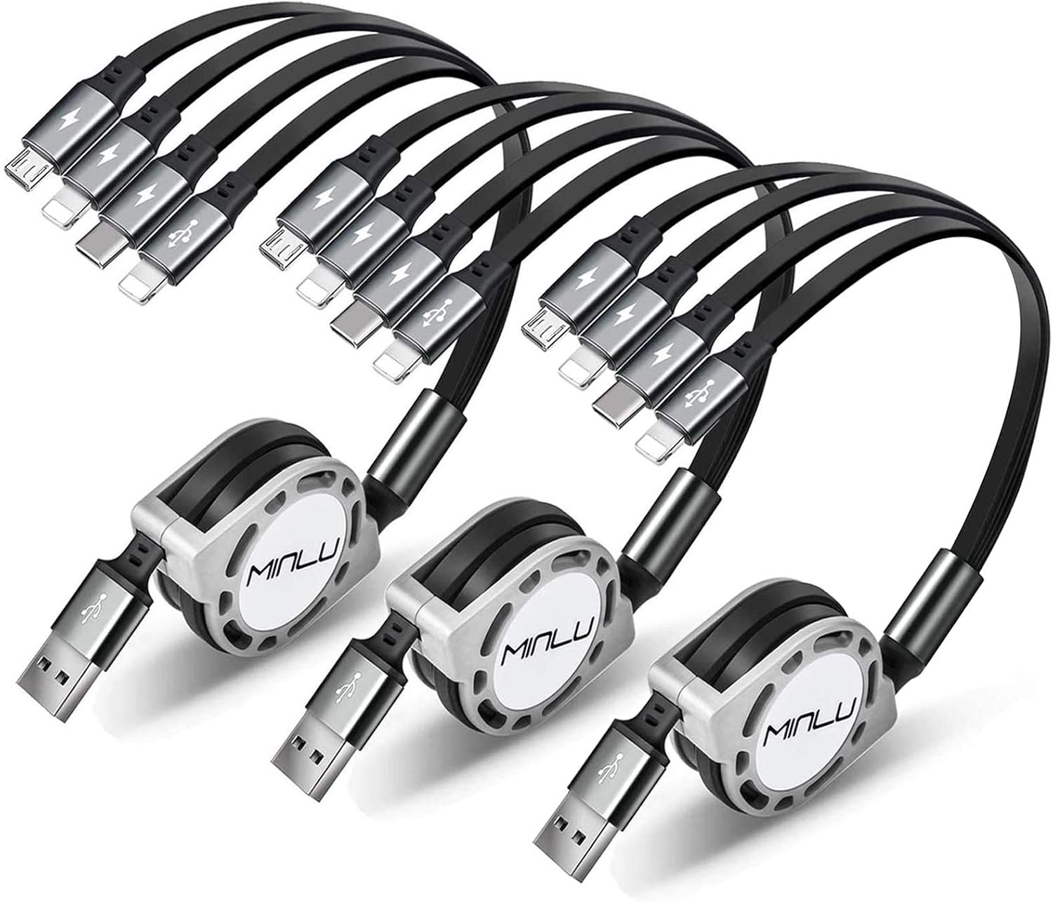 MINLU Retractable 4A Fast Charger - 4-in-1 - 3Pack