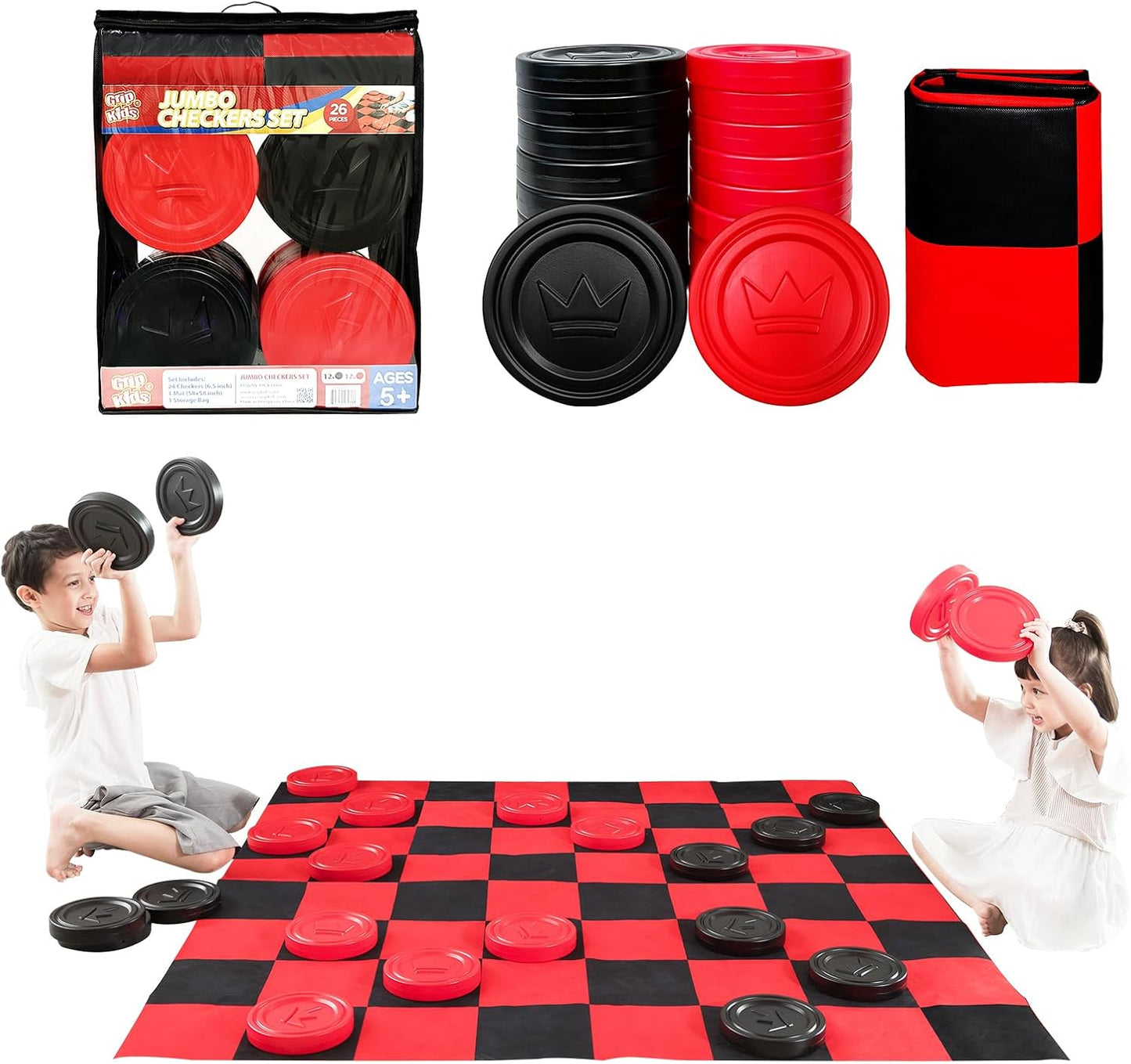 Jumbo Checkers Set with Storage Bag for Indoor and Outdoor Fun