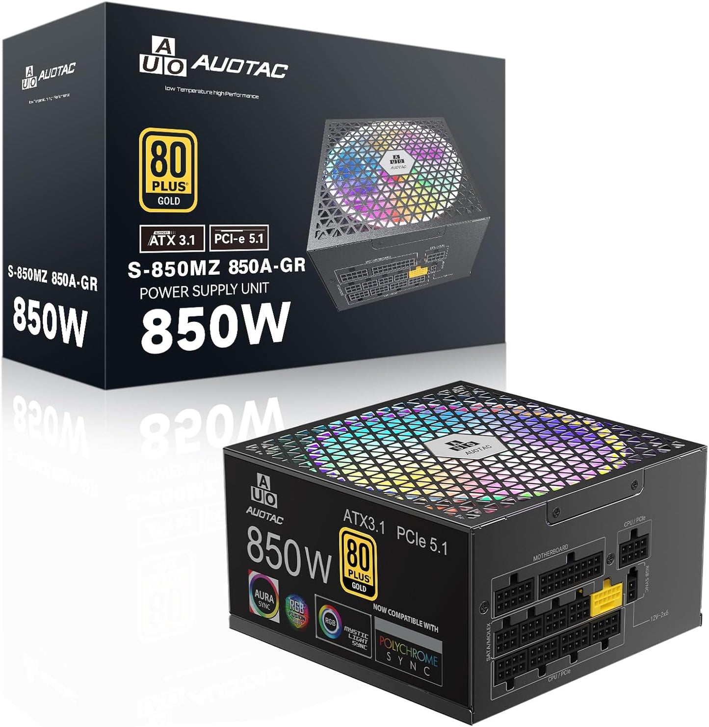 850W Fully Modular Power Supply with RGB Fan and 80+ Gold Cert